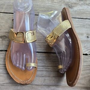 Tory Burch Marcia Gold Metallic Toe Ring Logo Vamp Slide On Sandal Size 8